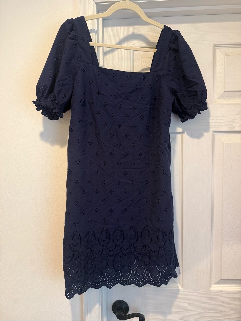 Draper James Navy Eyelet Square-Neck Puff Sleeve Mini Dress